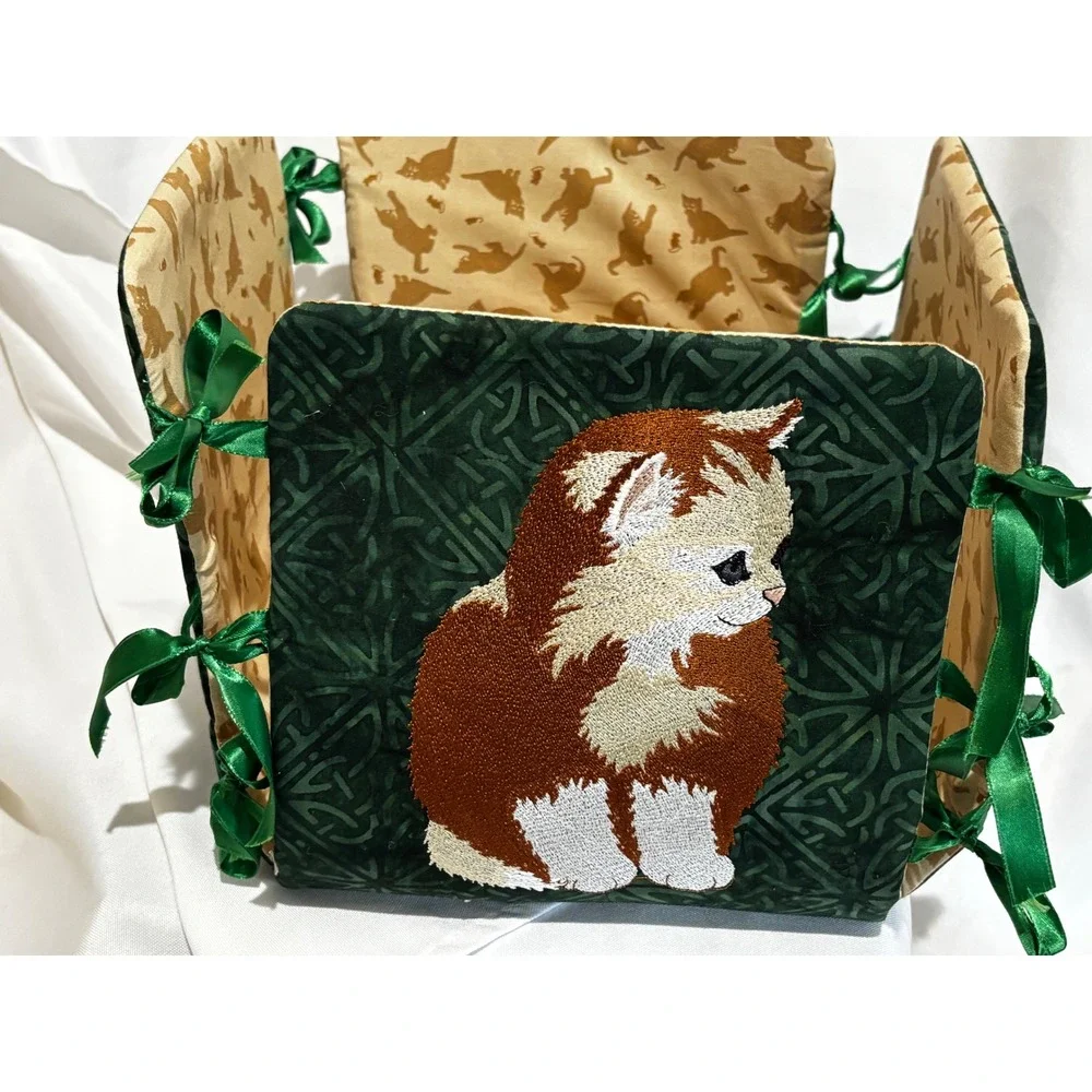 Handmade Embroidered Calico Tabby Kitten Cats Fabric Spoiled Toy Basket Ties 9x9